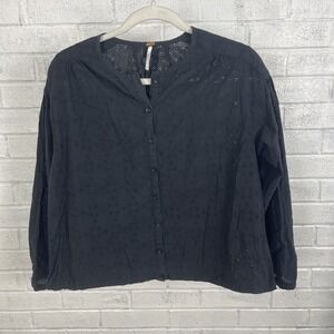 Free People Cotton Eyelet Button Front Top Black Womens Size S‎ Cottagecore Boho